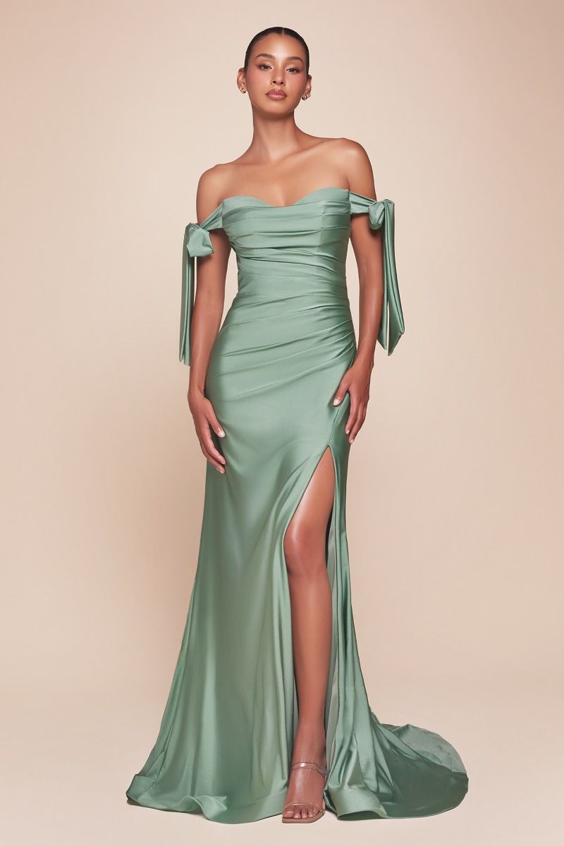Off the Shoulder Fitted Stretch Jersey Dress by Cinderella Divine CD943 - Special Occasion Dark Sage / 4 Off the Shoulder Fitted Stretch Jersey Dress by Cinderella Divine CD943 - Special Occasion Dark Sage / 4