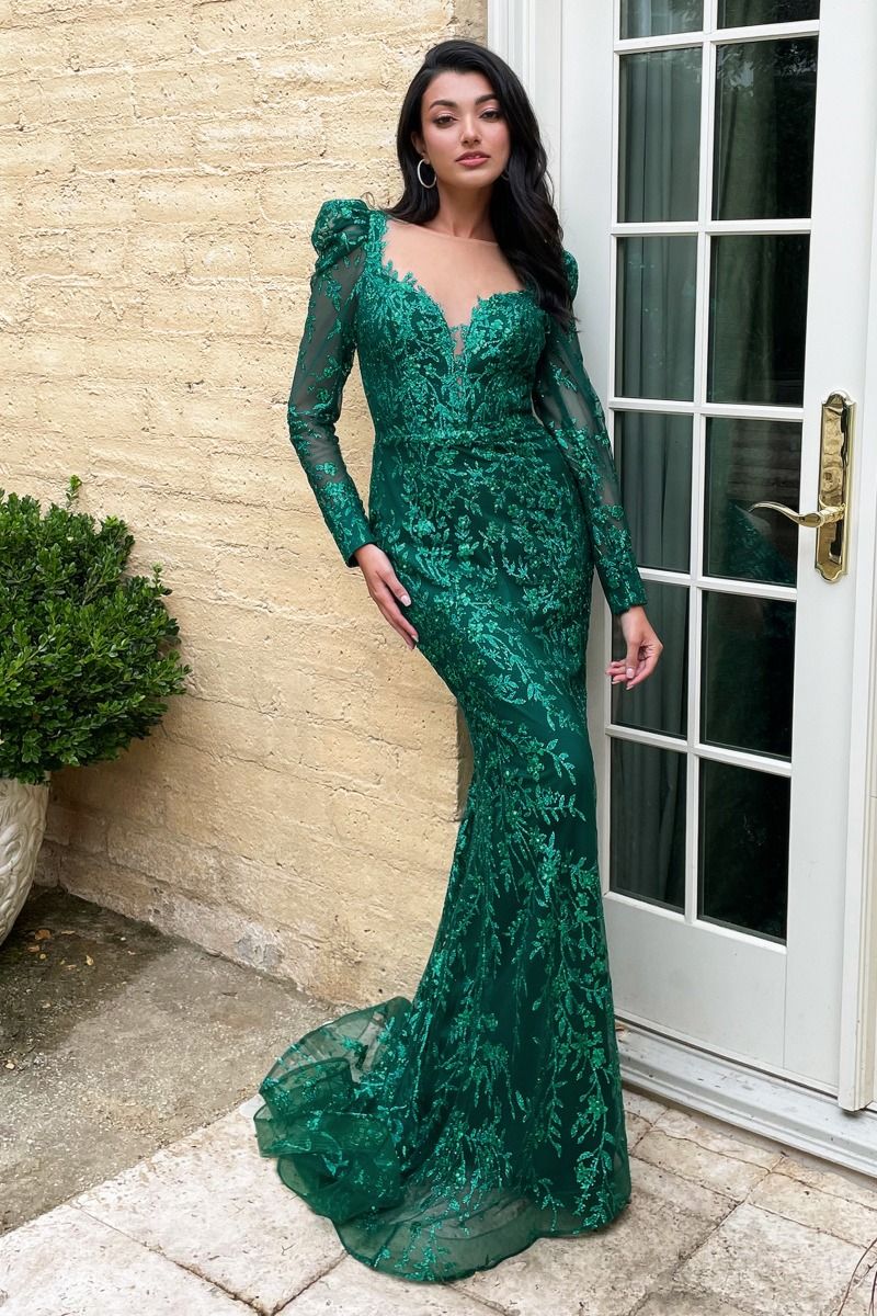 Long Sleeve Glitter Slit Gown By Ladivine CD989 Women Evening Formal Gown Special Occasion Curves