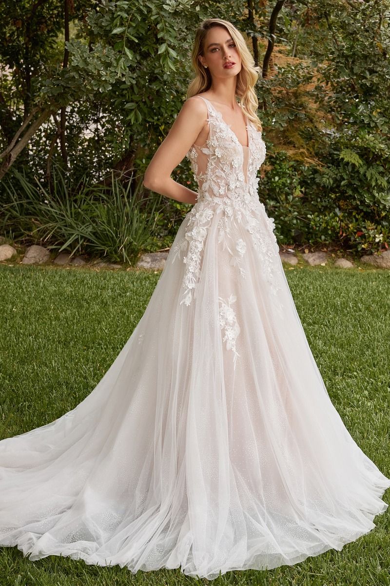 Long Sleeve Long White Wedding Dress CDS436W - Off White Nude / 12