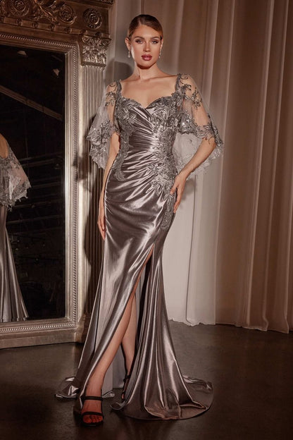 Satin Sheath Leg Slit Gown by Cinderella Divine CDS499 - Special Occasion/Curves Satin Sheath Leg Slit Gown by Cinderella Divine CDS499 - Special Occasion/Curves