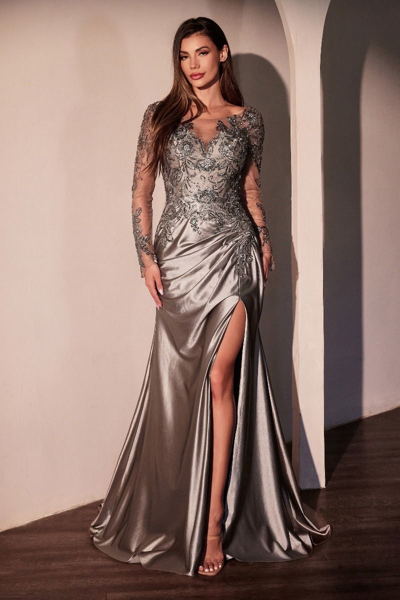 Satin Illusion Neckline Leg Slit Gown by Cinderella Divine CDS505 - Special Occasion/Curves