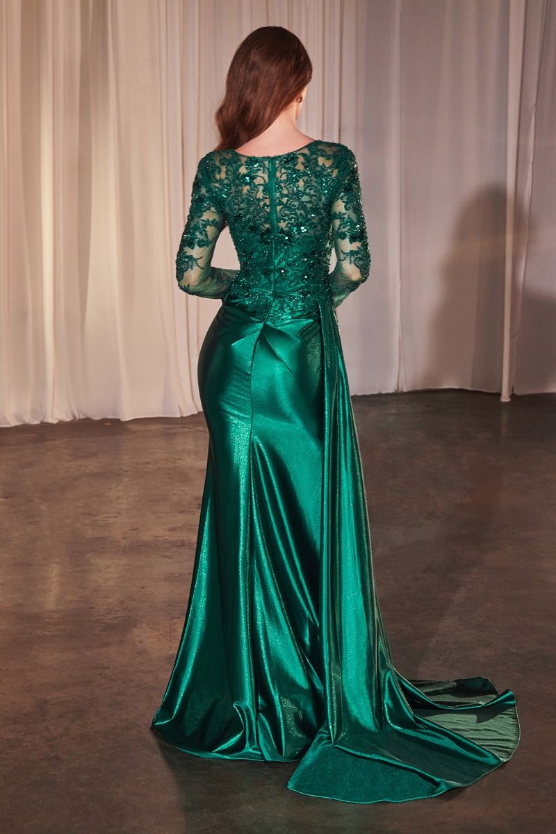 Long Sleeve V-Neckline Leg Slit Gown by Cinderella Divine CDS506 - Spe Ariststyles Long Sleeve V-Neckline Leg Slit Gown by Cinderella Divine CDS506 - Spe Ariststyles