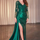 Long Sleeve V-Neckline Leg Slit Gown by Cinderella Divine CDS506 - Special Occasion/Curves