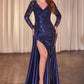 Long Sleeve V-Neckline Leg Slit Gown by Cinderella Divine CDS506 - Special Occasion/Curves