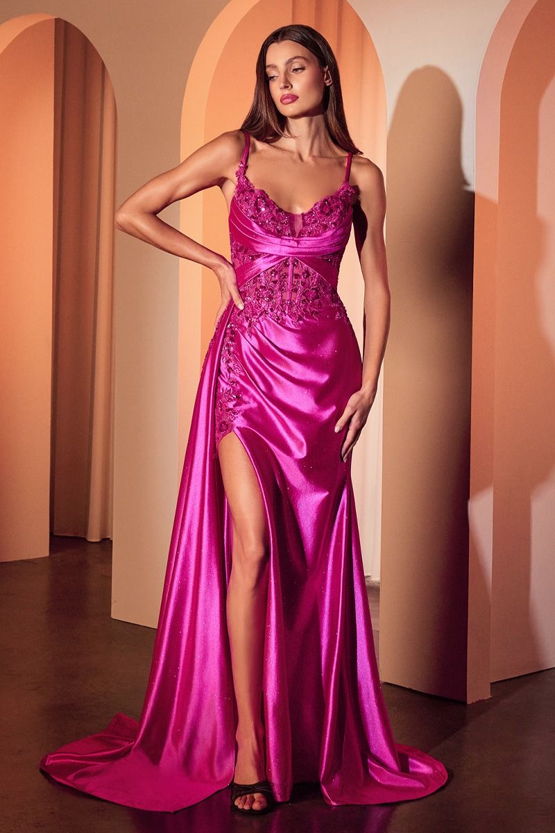 Satin Sweetheart Neckline Leg Slit Gown by Cinderella Divine CDS524