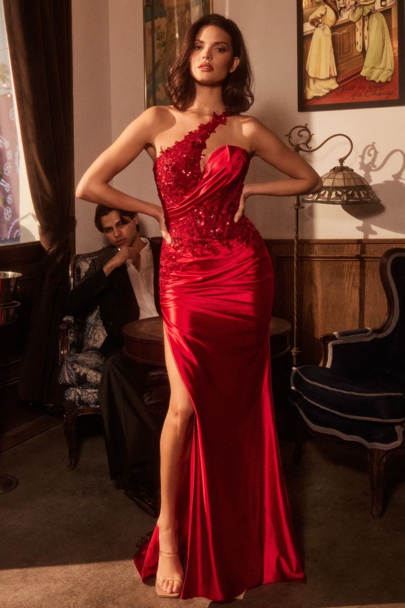 One Shoulder Sheath Leg Slit Gown By Ladivine CDS535 - Women Evening Formal Gown