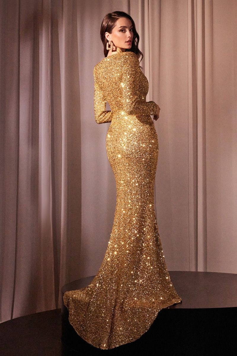 Sequin Long Sleeve V-Neckline Gown by Ladivine CH054 - Special Occasion/Curves