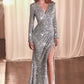 Sequin Long Sleeve V-Neckline Gown by Ladivine CH054 - Special Occasion/Curves