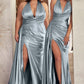 Satin Halter Neckline Leg Slit Gown By Ladivine CH079 - Women Evening Formal Gown - Special Occasion