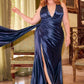 Satin Halter Neckline Leg Slit Gown by Cinderella Divine CH079C - Curves