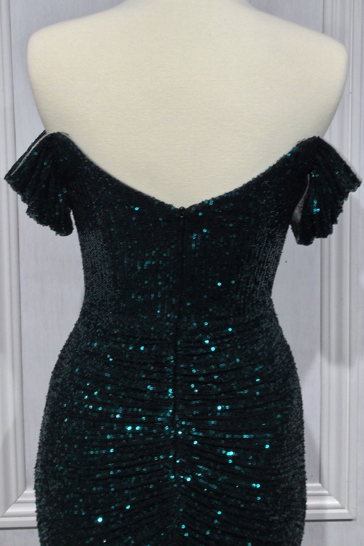 Off The Shoulder Ruched Sequin Slit Gown By Ladivine CH144 - Special Occasion/Curves