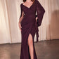 Draped Cape V-Neckline Leg Slit Gown by Ladivine CH386 - Special Occasion/Curves