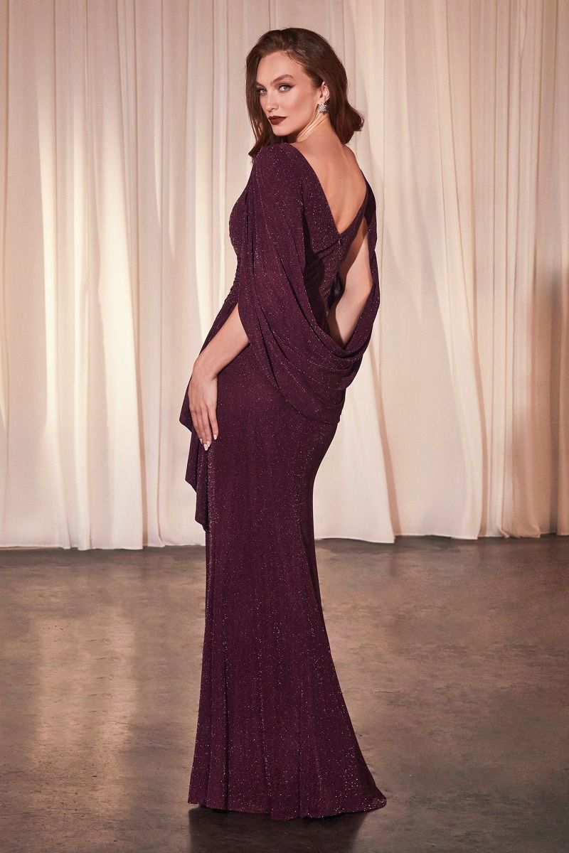 Draped Cape V-Neckline Leg Slit Gown by Ladivine CH386 - Special Occasion/Curves