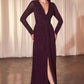 Long Sleeve V-Neckline Leg Slit Gown by Cinderella Divine CK2989 - Special Occasion/Curves