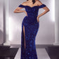 Off Shoulder Velvet Sequins Slit Gown By Ladivine CL03 - Women Evening Formal Gown - Special Occasion