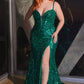 Fitted Sequin V-Neckline Leg Slit Gown by Cinderella Divine CM334C- Curves