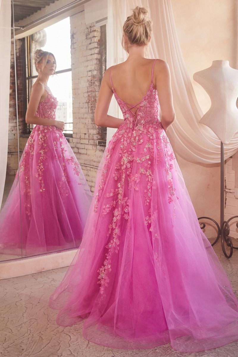Floral Applique V-Neckline Ball Gown by Cinderella Divine CM347 - Special Occasion