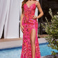 Sequin Printed V-Neckline Leg Slit Gown by Cinderella Divine CM350 - Special Occasion