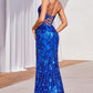 Sequin Printed V-Neckline Leg Slit Gown by Cinderella Divine CM350 - Special Occasion