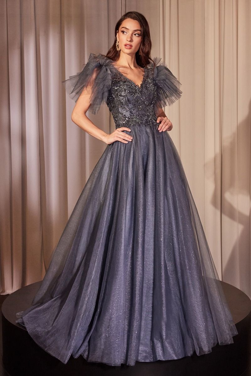 Embellished Layered Tulle V-Neckline Gown by Cinderella Divine CM359