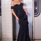 Satin Off Shoulder Leg Slit Gown By Ladivine CM387 - Women Evening Formal Gown - Special Occasion/Curves