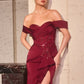 Satin Off Shoulder Leg Slit Gown By Ladivine CM387 - Women Evening Formal Gown - Special Occasion/Curves