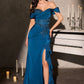 Satin Off Shoulder Leg Slit Gown By Ladivine CM387 - Women Evening Formal Gown - Special Occasion/Curves