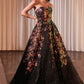 Floral Strapless V-Neckline Gown by Cinderella Divine CR380 - Special Occasion
