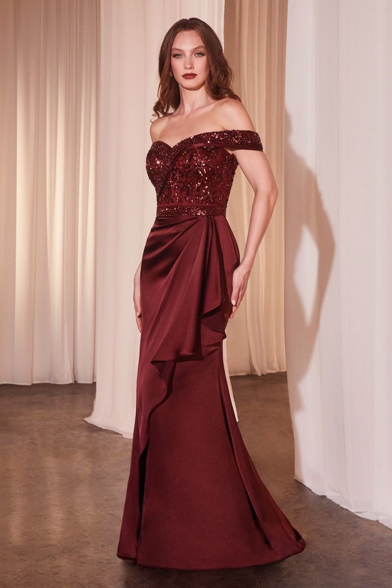 Satin Off The Shoulder Sheath Gown By Ladivine CR877 - Women Evening Formal Gown - Special Occasion