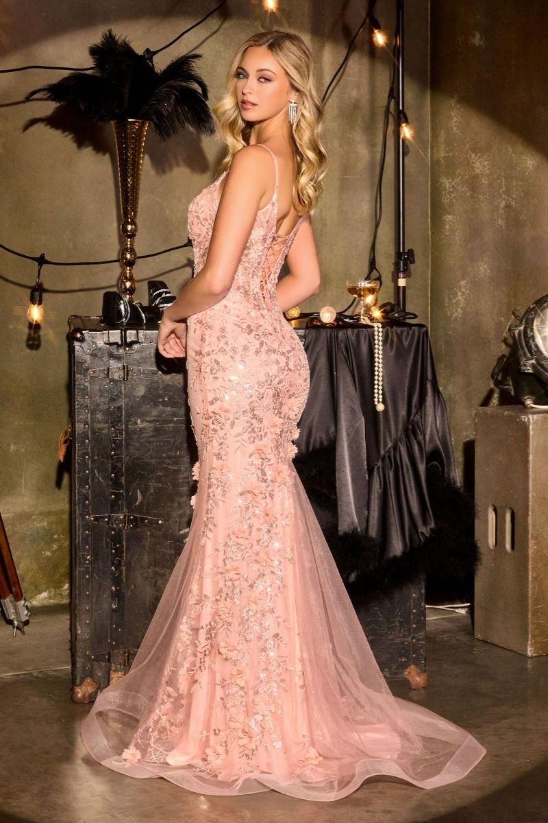 3D Floral V-Neckline Gown By Ladivine CT264 - Women Evening Formal Gown - Special Occasion