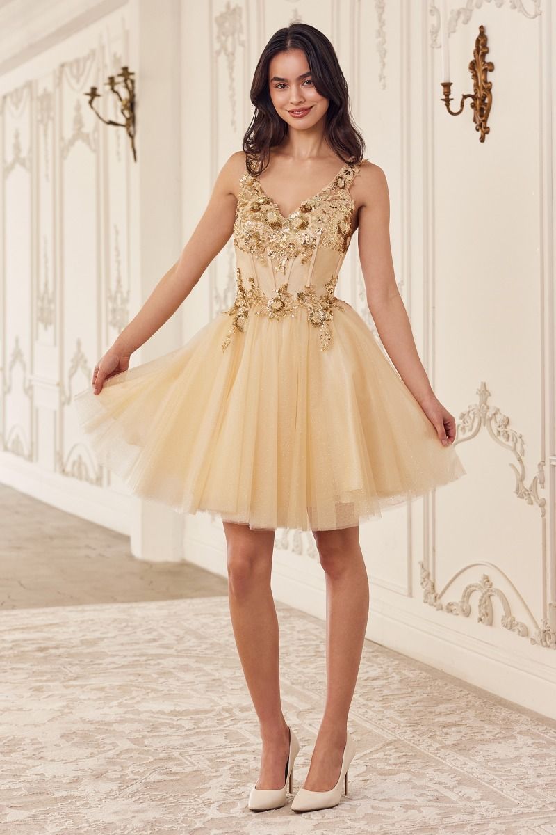 Sequin Beaded A-Line Tulle Short Dress by Cinderella Divine CY019