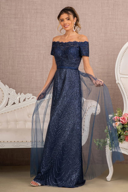 Embroidered Off Shoulder Glitter Gown by Elizabeth KGL2942 - Navy / M Embroidered Off Shoulder Glitter Gown by Elizabeth KGL2942 - Navy / M