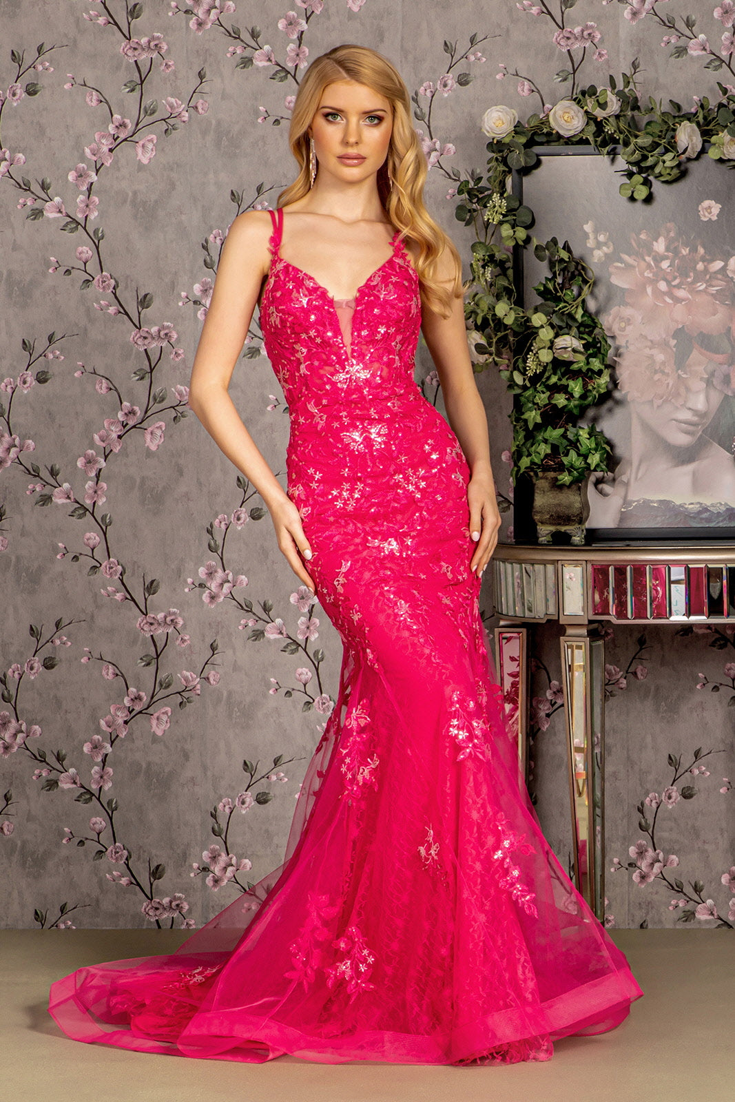 floral embroidered cut out dress Floral Applique Sleeveless Mermaid Dress by GLS Gloria GL3333 3XL / Fuchsia