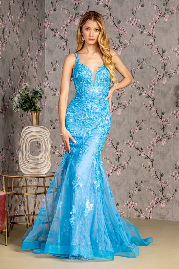 Floral Applique Sleeveless Mermaid Dress by GLS Gloria GL3333 L / Ocean Blue