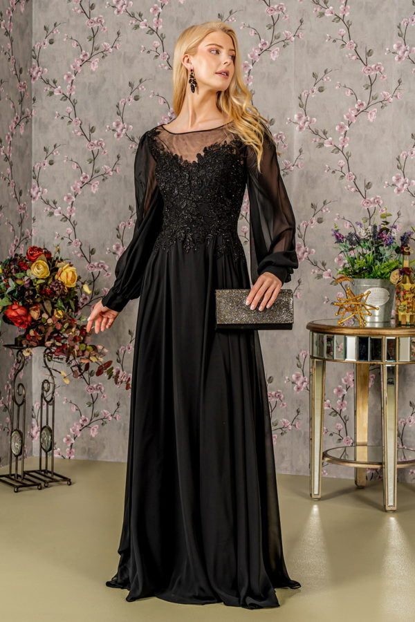 Embroidered Long Sleeve A-line Gown by GLS Gloria GL3363 Black / XL Embroidered Long Sleeve A-line Gown by GLS Gloria GL3363 Black / XL