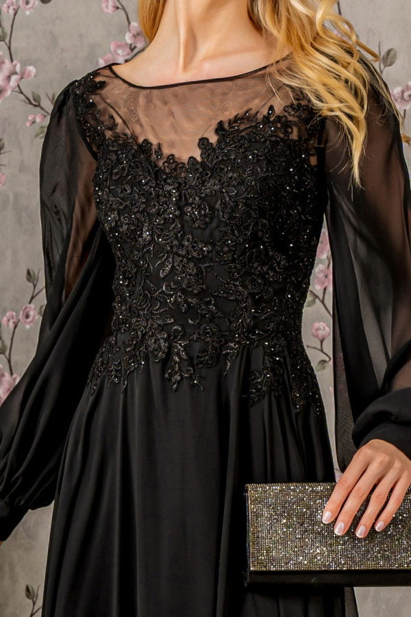 a line formal dress with sleeves Embroidered Long Sleeve A-line Gown by GLS Gloria GL3363 3XL / Teal