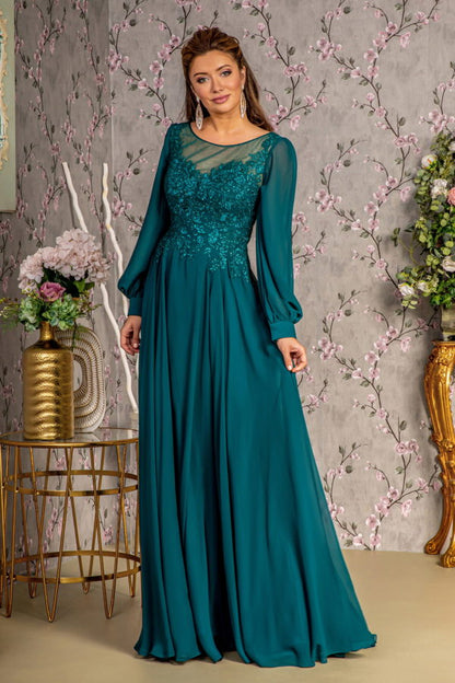 Embroidered Long Sleeve A-Line Gown by GLS Gloria GL3363 Teal / 3XL Embroidered Long Sleeve A-Line Gown by GLS Gloria GL3363 Teal / 3XL