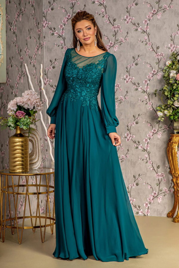 embroidered long dress Embroidered Long Sleeve A-line Gown by GLS Gloria GL3363 3XL / Teal