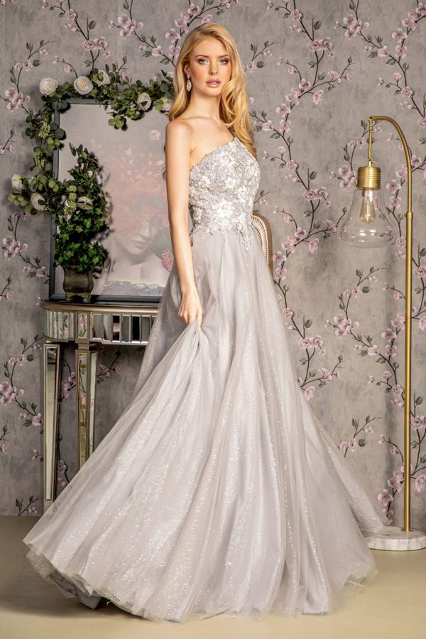 Embroidered One Shoulder A-line Gown by GLS Gloria GL3384 XL / Silver Embroidered One Shoulder A-line Gown by GLS Gloria GL3384 XL / Silver
