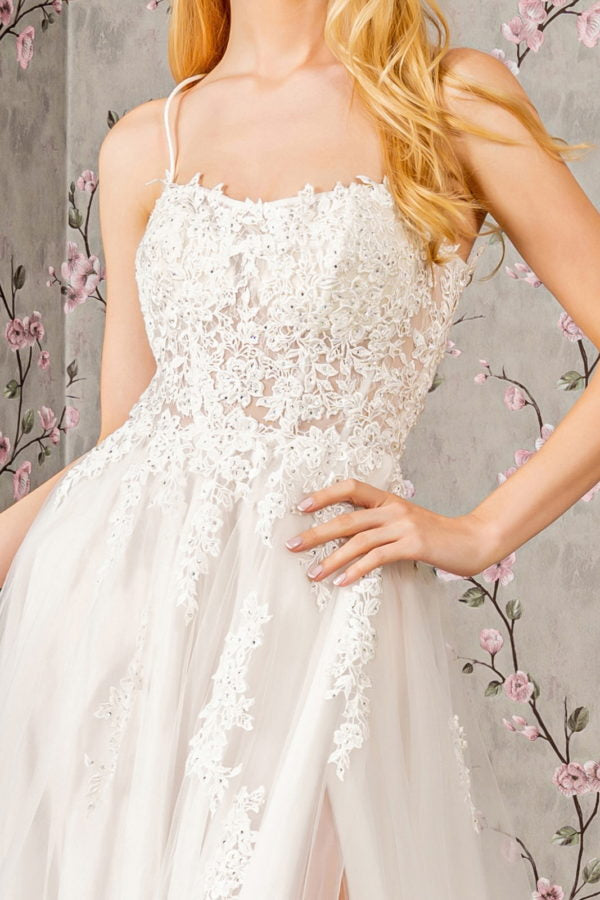 GLS by Gloria Bridal GL3417 - Long Mesh A-Line Dress - Beads, Embroidery, Sleeveless, Illusion, Corset, Spaghetti Straps, Fitted, Open Crisscross Back