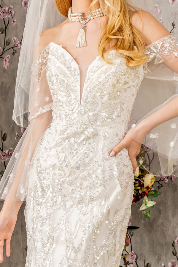 GLS by Gloria Bridal GL3426 - Long Mesh Mermaid Dress - Fitted, Beads and Sequin Embellished, Sweep Train, Illusion Long Flutter Sleeves, V-Back, Back