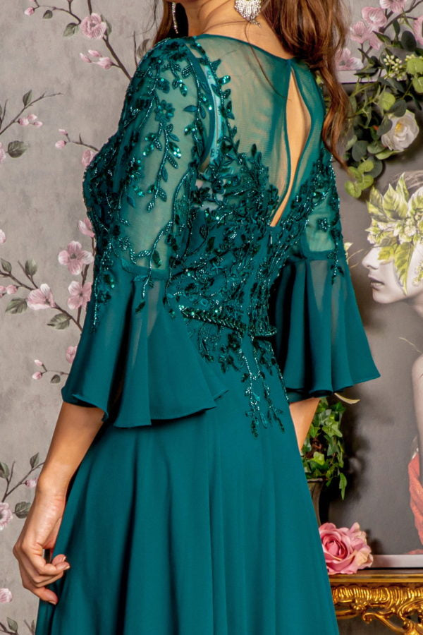 SLNY Sequin Lace Chiffon Beaded Round Neck buy 3/4 Sleeve Gown