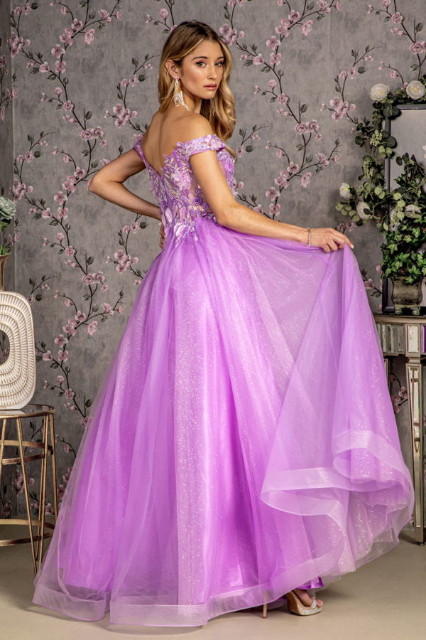strapless open back dress Off Shoulder Lilac Tulle Floral Long Prom Dresses, Off the Shoulder Fo main image 0