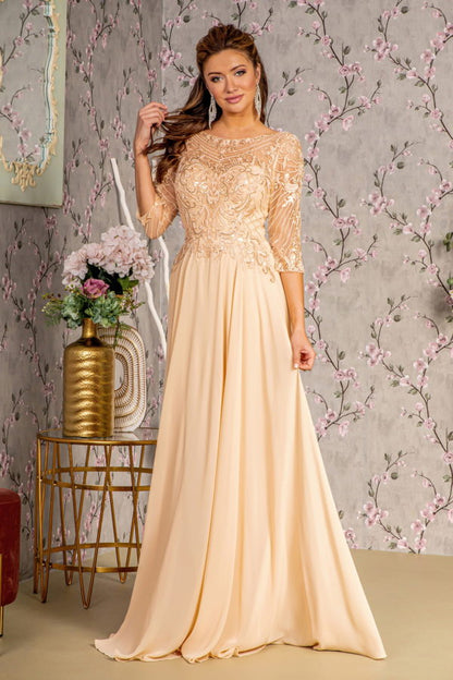 Sequin Embroidered 3/4 Sleeve Gown by GLS Gloria GL3446 4XL / Champagne Sequin Embroidered 3/4 Sleeve Gown by GLS Gloria GL3446 4XL / Champagne