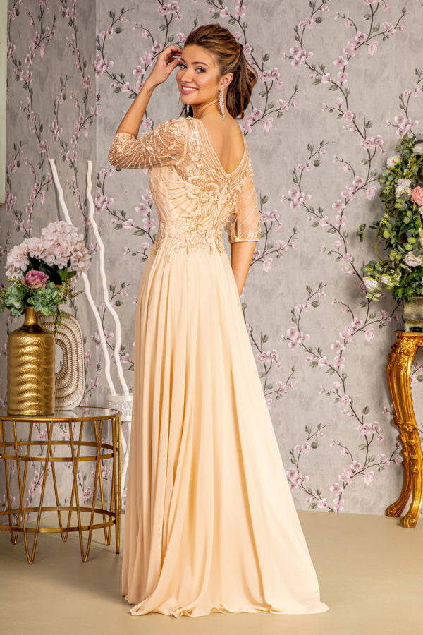 New Formal Chiffon a-Line Dress with 3/4 Sleeves Embroidered with Lace GL3446
