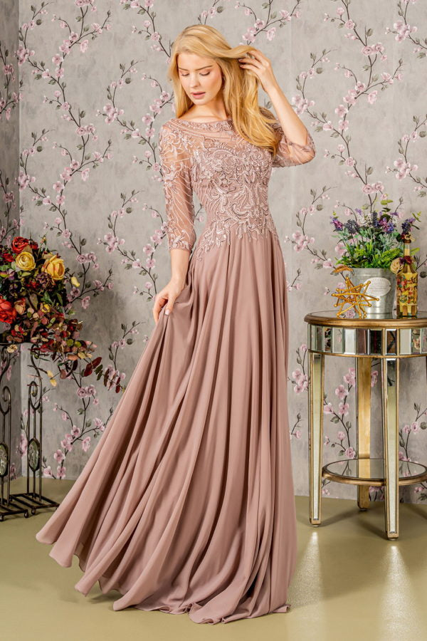 Sequin Embroidered 3/4 Sleeve Gown by GLS Gloria GL3446 - Mauve / 4XL Sequin Embroidered 3/4 Sleeve Gown by GLS Gloria GL3446 - Mauve / 4XL