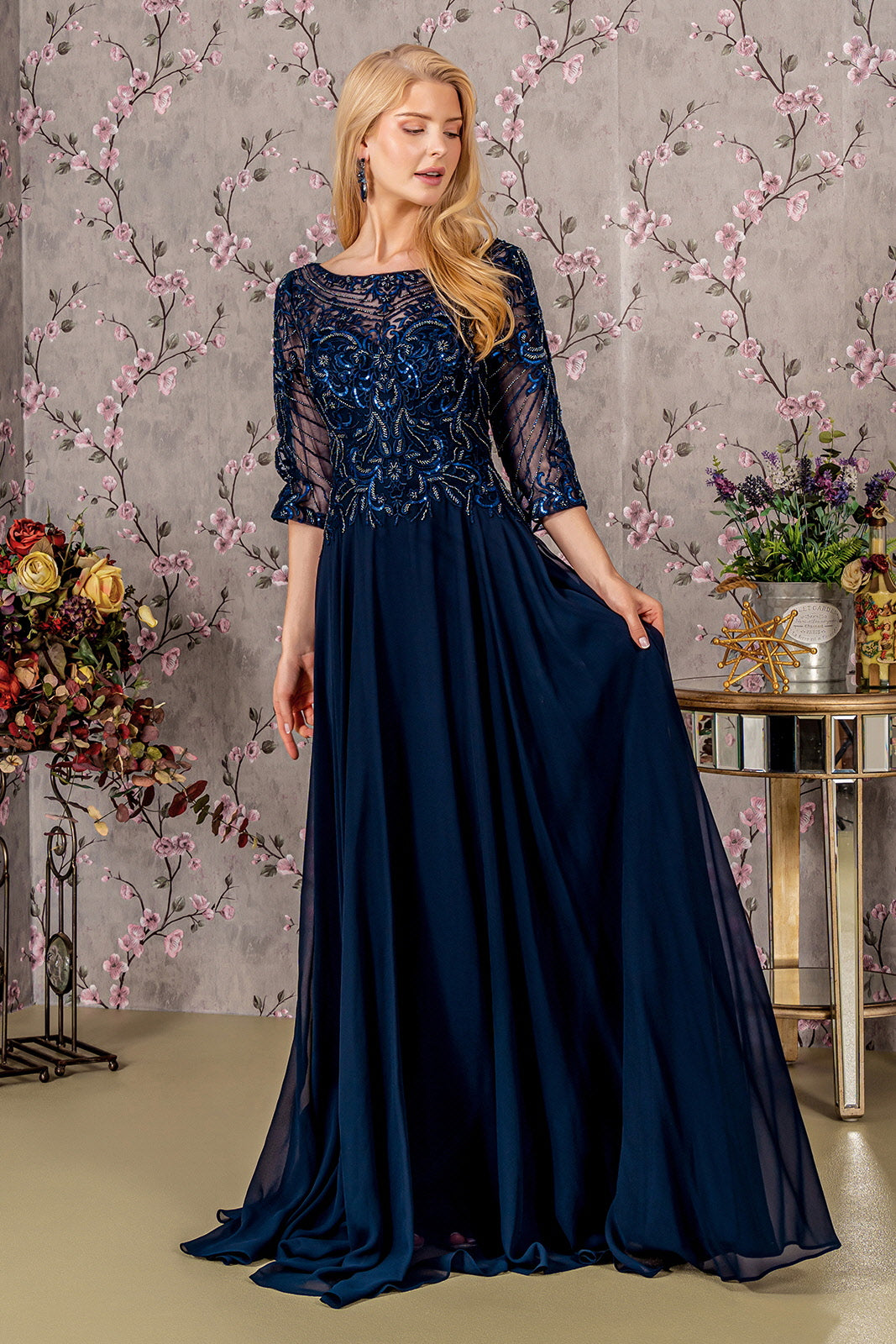 New Formal Chiffon a-Line Dress with 3/4 Sleeves Embroidered with Lace GL3446