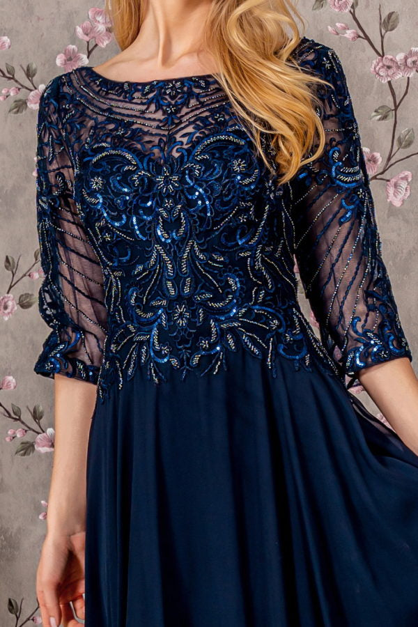 Sequin Embroidered 3/4 Sleeve Gown by GLS Gloria GL3446 - Navy / 3XL Sequin Embroidered 3/4 Sleeve Gown by GLS Gloria GL3446 - Navy / 3XL