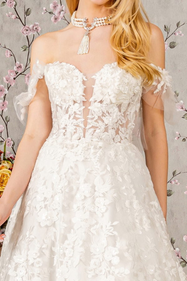 illusion off the shoulder wedding dress GLS by Gloria Bridal GL3449 - Long Mesh A-Line Dress
