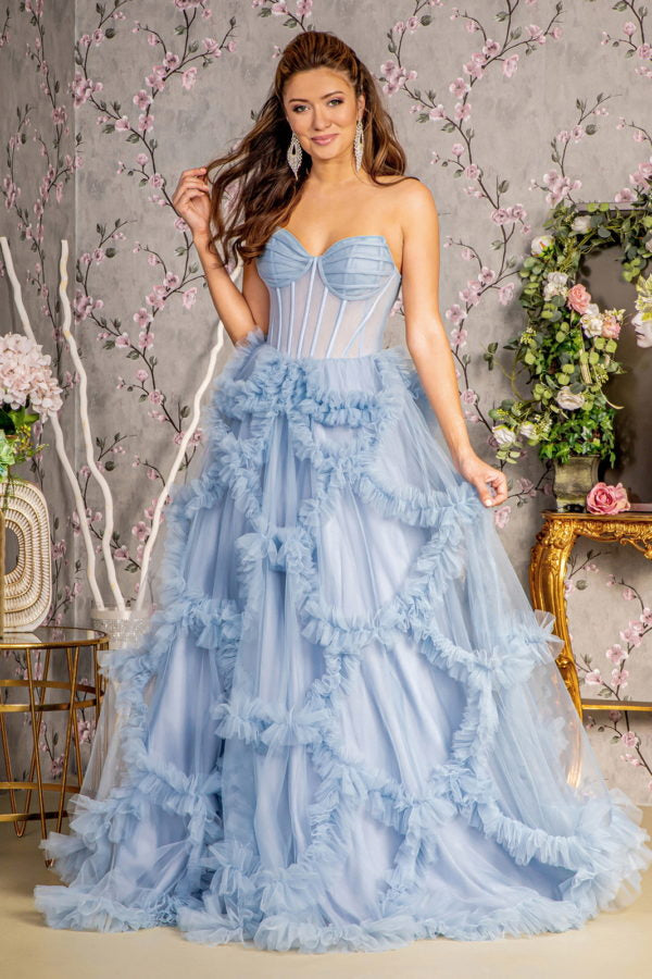 sheer tulle prom dress Gorgeous Off Shoulder Sheer Corset Bodice Ruffle Trim Tulle Prom Dress Khaki / XS
